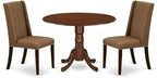 East West Furniture DLFL3-MAH-18 3 Piece Dining Set Contains a Round Dining Room Table with Dropleaf and 2 Brown Linen Linen Fabric Upholstered Parson Chairs, 42x42 Inch, Mahogany