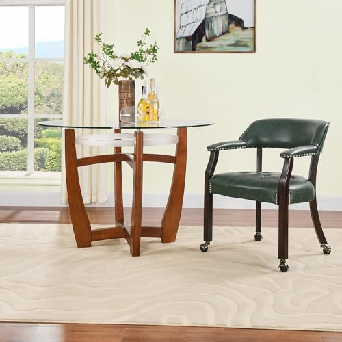 Dining Chair with Casters & Arms, PU Poker Chairs, 360° Move-Green | Kitc...