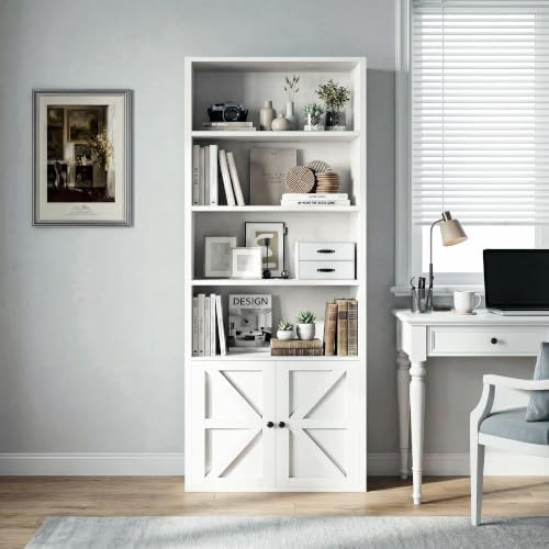 MXV 6 Tier 71" Tall Farmhouse Bookshelf with Barn Door Cabinet, Freestan...