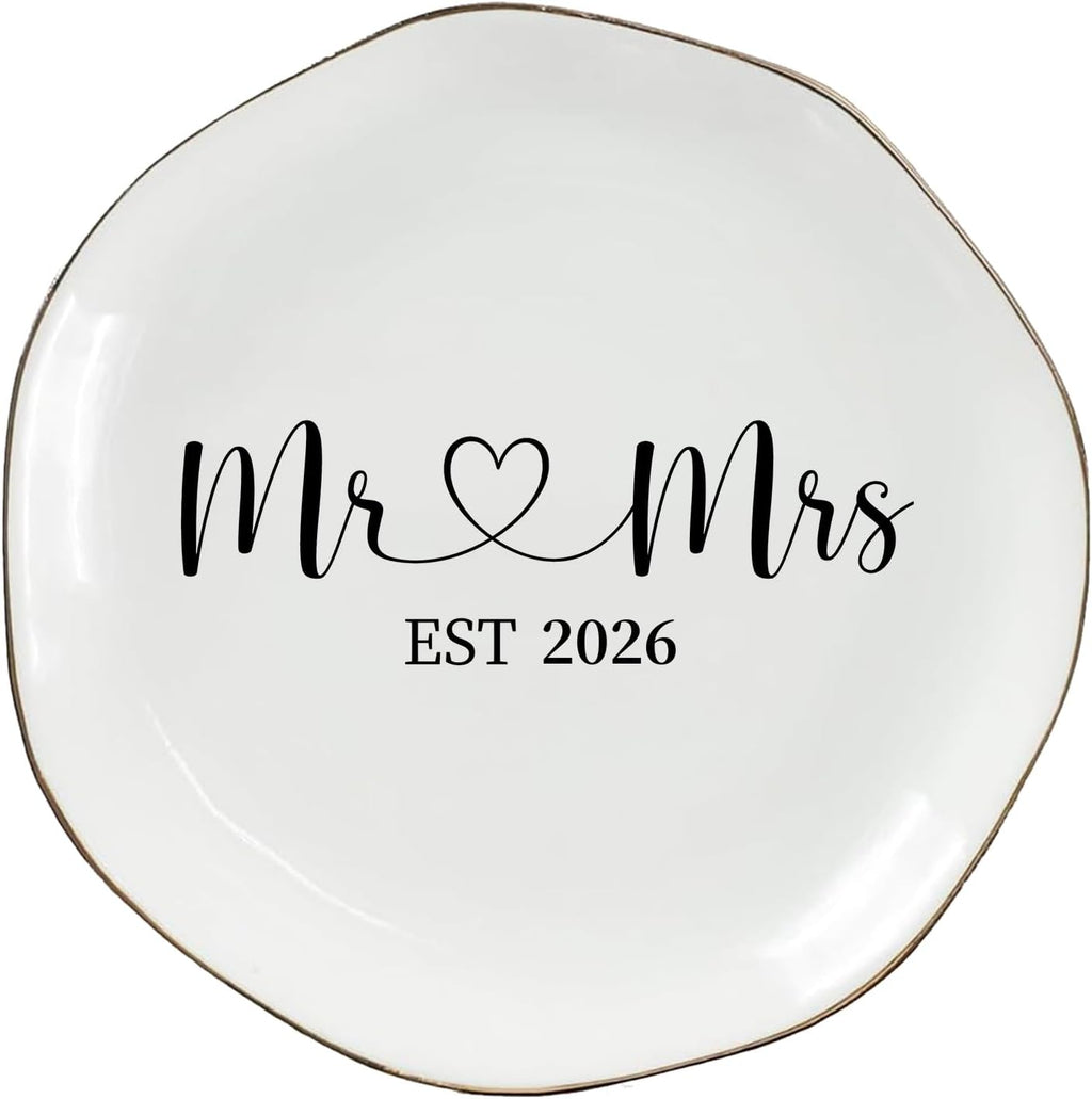 Mr & Mrs EST 2026 Ring Dish - Elegant Ceramic Ring Holder for Engagement, Wedding, and Bridal Shower Gifts - Honeymoon Keepsake for Friends, Newlyweds, and Bride-to-Be
