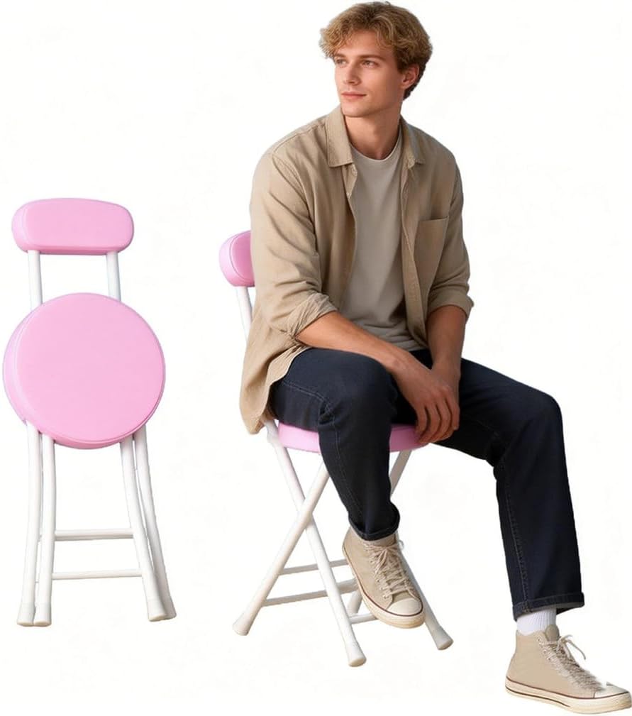 Folding Stool with Back, Padded Leather Round Foldable Stool, Foldable Bar Ch...