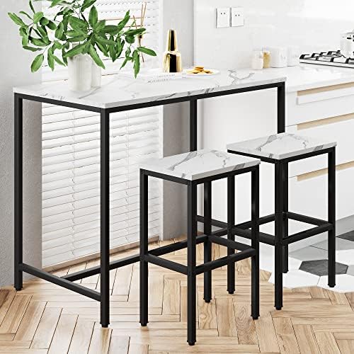 Yongchuang 3 Piece Bar Table and Chairs Set, White Faux Marble Wood Top