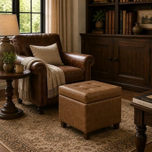 HomePop Square Tufted Storage Ottoman - Distressed Brown Faux Leather Small