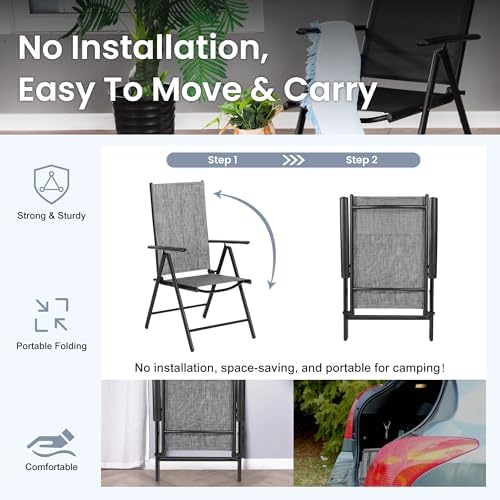 PHI VILLA Outdoor Dining Set for 4 w/Beige Umbrella & Folding Chairs