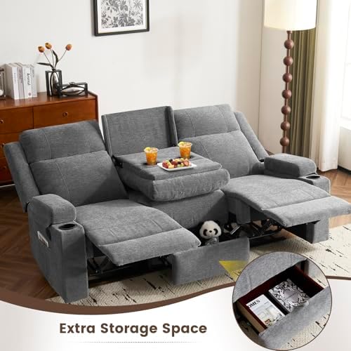 Chenille Reclining Sofa 3-Seater with Convertible Table, Storage Ottoman &amp...