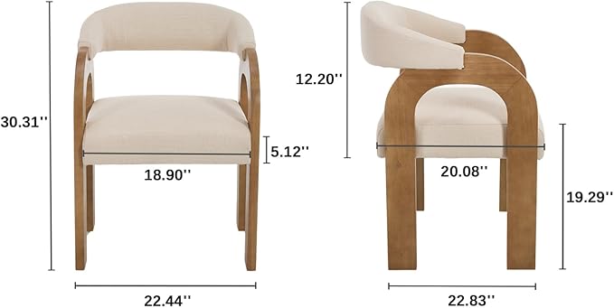 Farmhouse Dining Chairs Set of 4 - Upholstered Armchairs with Linen Cushions & Curved Wooden Arms, Barrel Wood Kitchen Chairs for Dining Room/Cafe/Kitchen Island (Oatmeal Beige)