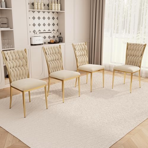 Beige Velvet Dining Chairs Set of 4, Modern Upholstered Kitchen Chairs