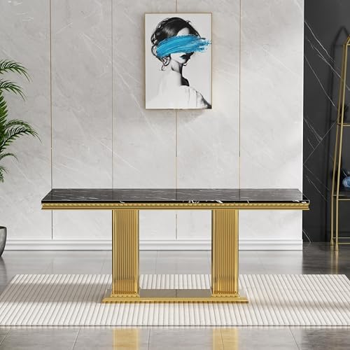 7-Piece Dining Table Set for 6, 68" Black Marble Kitchen Table with 6 Bl...
