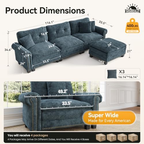 SUNSHINE VALLEY 116" Oversized Modular Sectional Couch L Shaped Living R...
