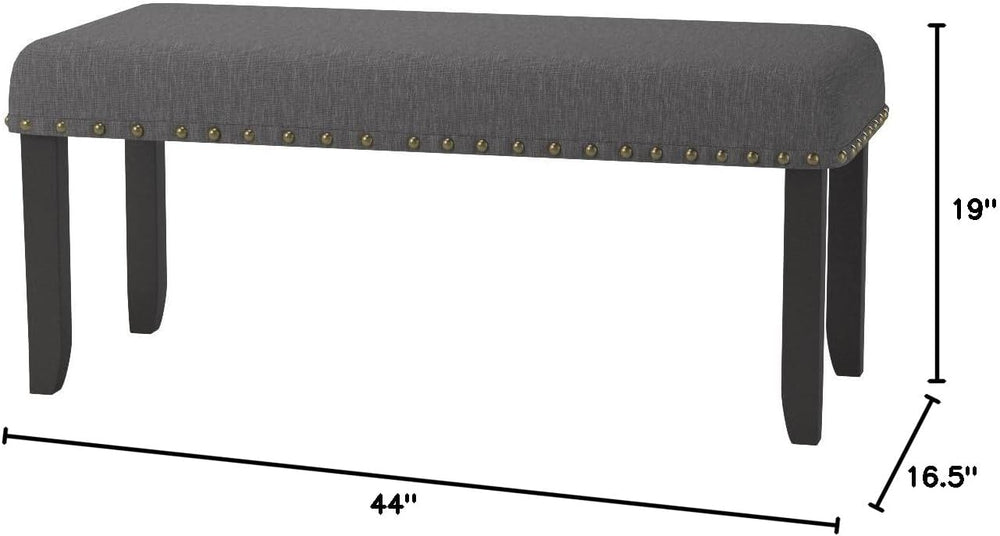 Roundhill Furniture Biony Fabric Dining Bench with Nailhead Trim, Grey