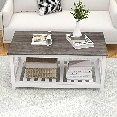 Farmhouse Coffee Table and End Table Set, Oak Grey Wooden Living Room Furnitu...