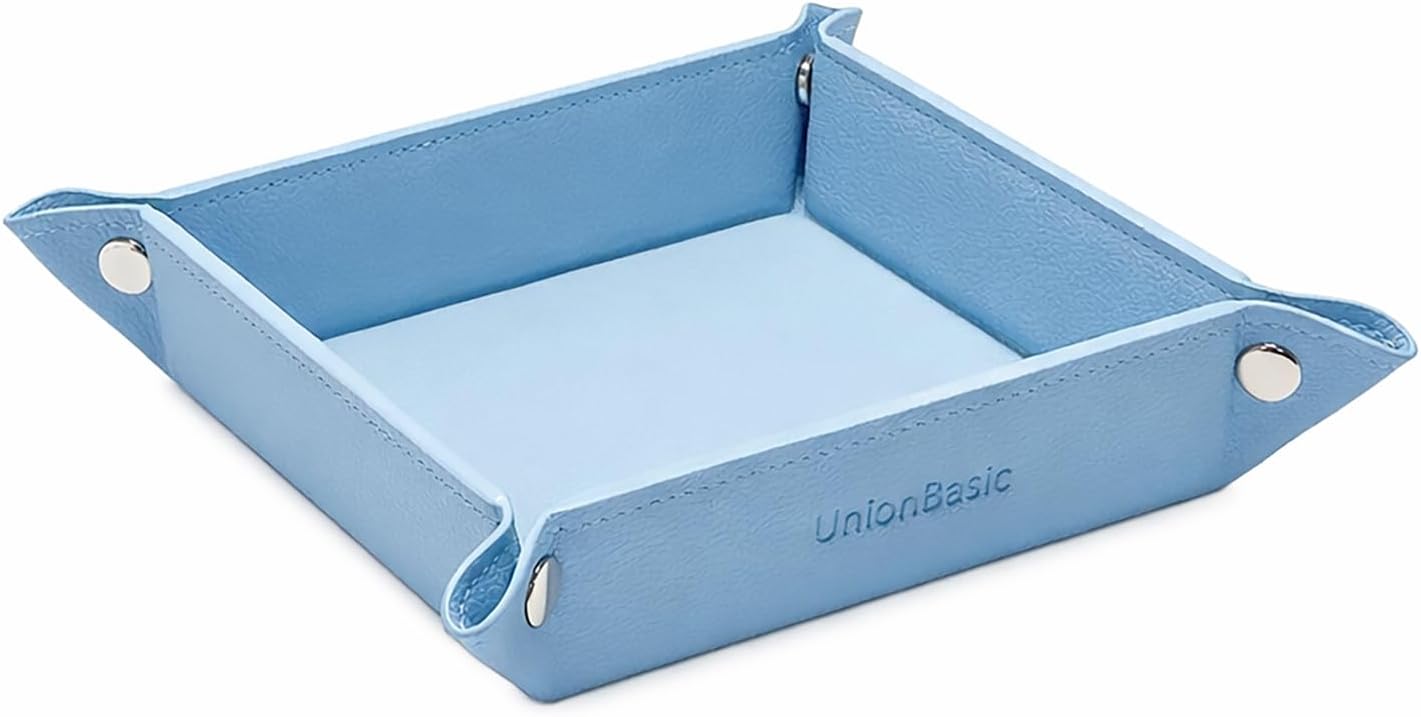 UnionBasic Small Jewelry Tray for Rings Watches Earrings, Entryway Catchall Caddy for Coins Keys Change, Nightstand Bedside Valet Holder, Trays for Electronic Gadgets, Lychee Pale Blue
