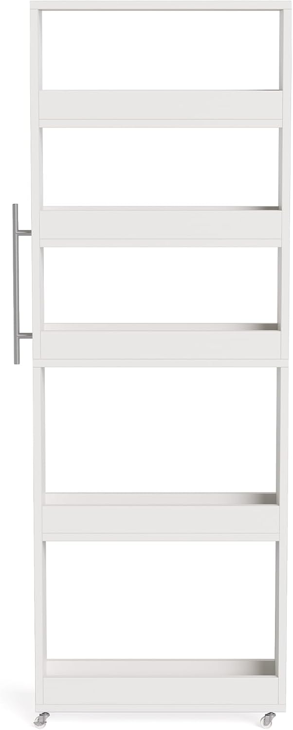 LITTLE TREE 63-Inch Slim Storage Cart on Wheels, 5-Tier Tall Narrow Mobile Shelf Organizer, Rolling Utility Cart with Metal Handle for Kitchen, Dining Room, Small Spaces, White