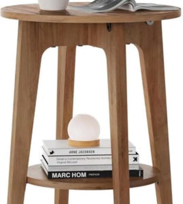 Wood Side Table, Round Coffee Table, Small Round End Tables with Lower Shelf,...