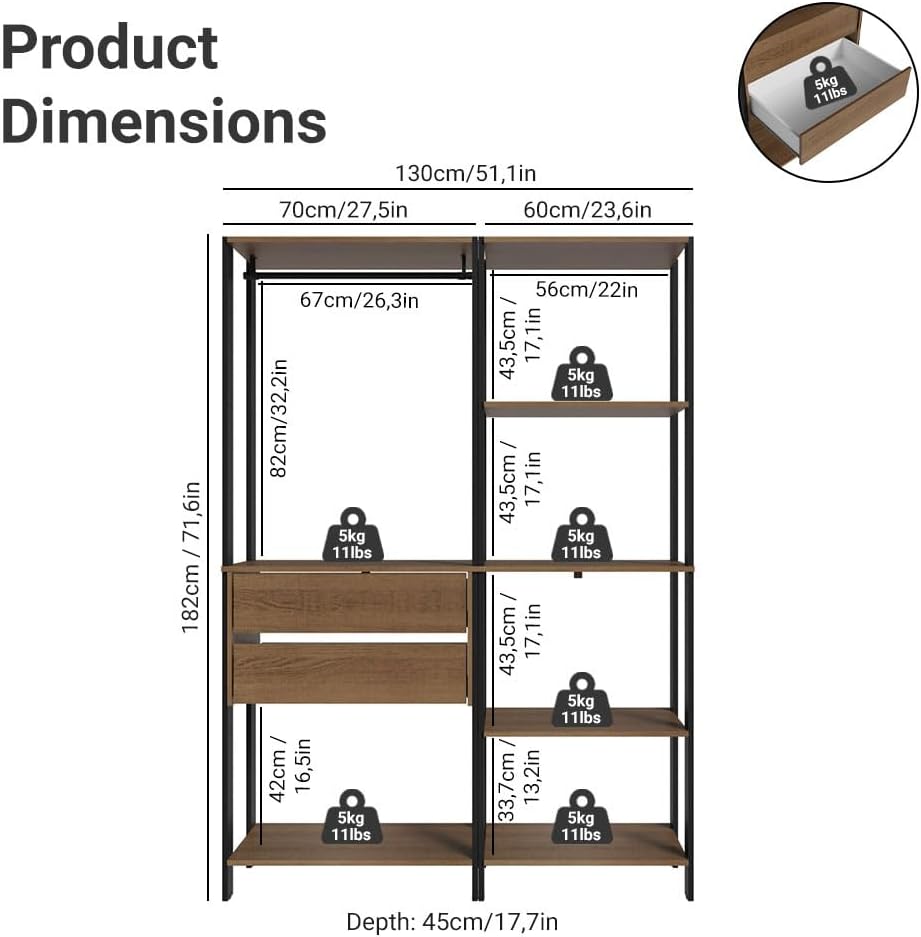 Madesa Kitchen Pantry Storage Rack with 2 Drawers, 7 Shelves and Hanging Spac...