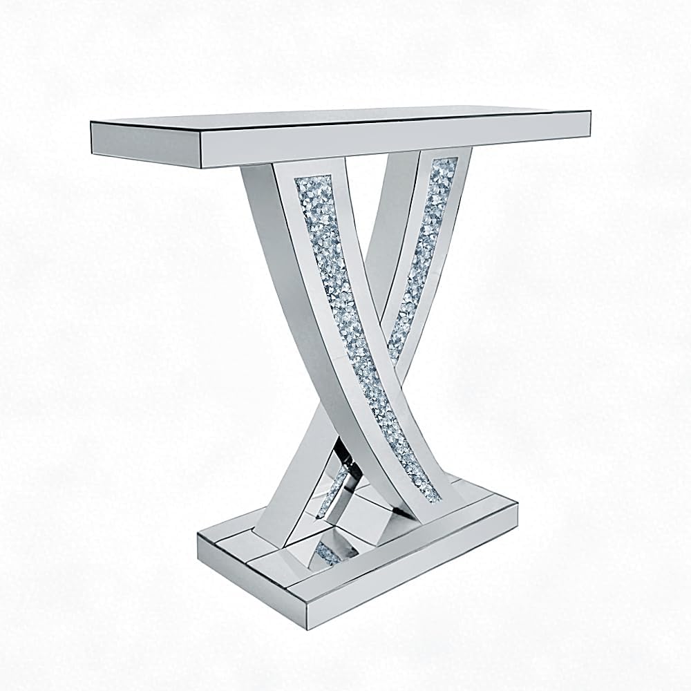 Silver Mirrored Console Table with Crushed Diamond Inlay, 39.4'' Long...