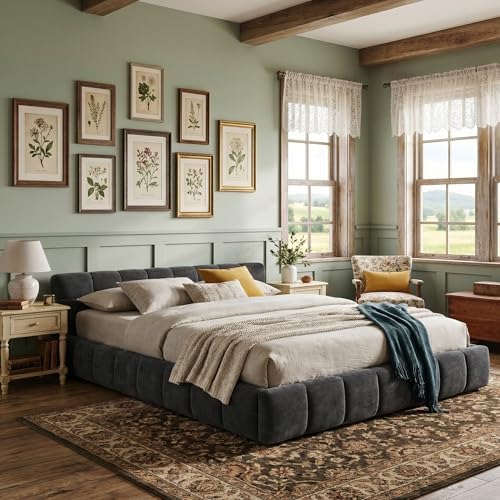 Upholstered Platform Bed Frame, Low Profile Chenille Bed with Headboard, Mode...