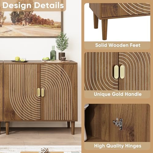 Smuxee Walnut Sideboard Cabinet, Freestanding Buffet Cabinet with Line Groove...