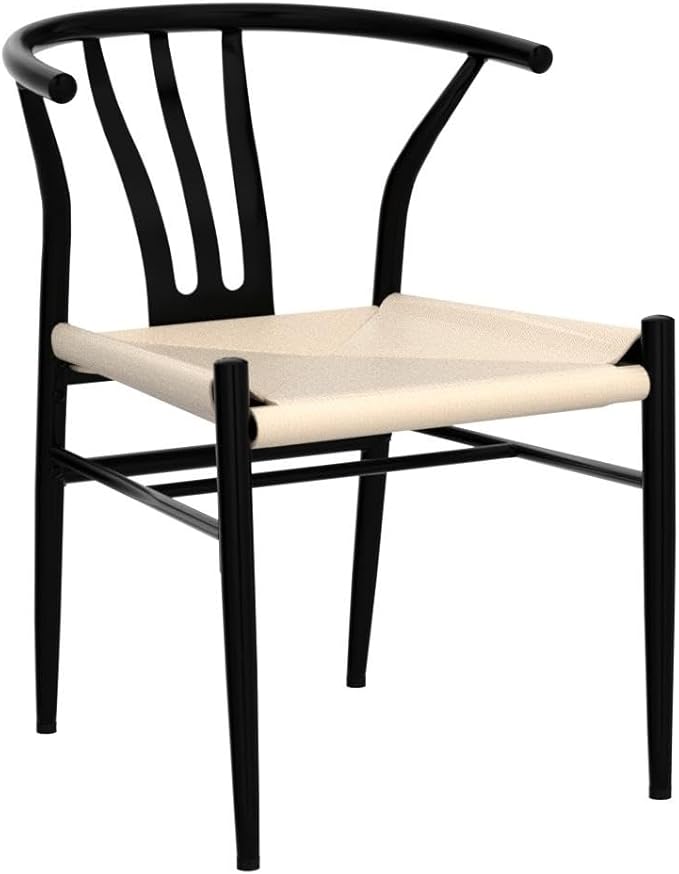 Yaheetech Weave Dining Chairs Set of 4 Mid-Century Modern Dining Room Chairs with Weave Hemp Seat and Metal Legs for Kitchen, Living Room, Restaurant, Black
