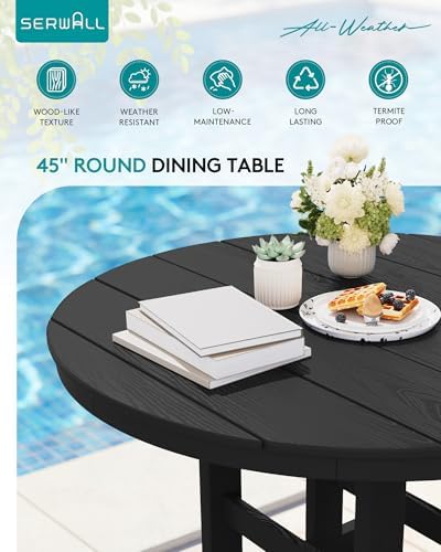 SERWALL 5-Piece HDPE Round Dining Set, 45" Table, 4 Chairs, Black