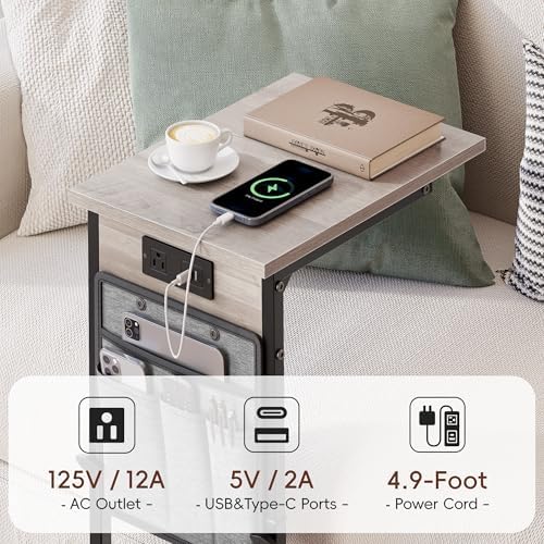 VAGUSICC C Shaped End Table with Charging Station, Adjustable Height Side Tab...
