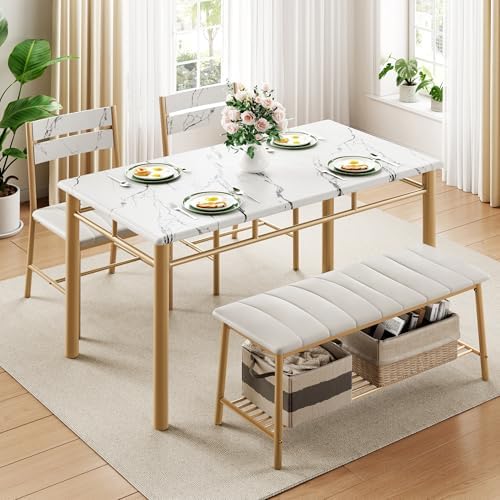 IRONCK Dining Table Set for 4, Kitchen Table and Chairs Set, White & Gold...