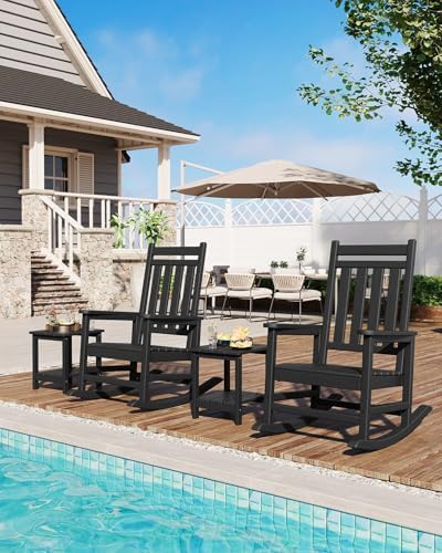 HDPE Rocking Chair Outdoor Set of 2 with Side Table, High Back Rocker | All W...