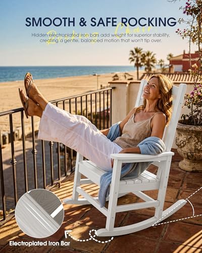 KINGYES Oversized Outdoor Rocking Chairs Set of 2, HDPE Porch Rocker, White |...