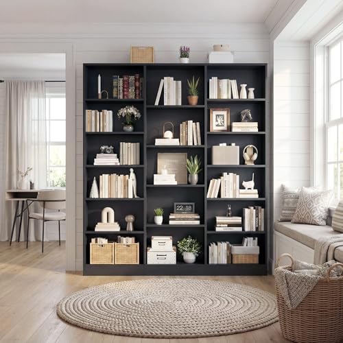 ELYKEN Triple Wide Bookshelf, Large 6 Tier Bookcase with 17 Shelves, Black