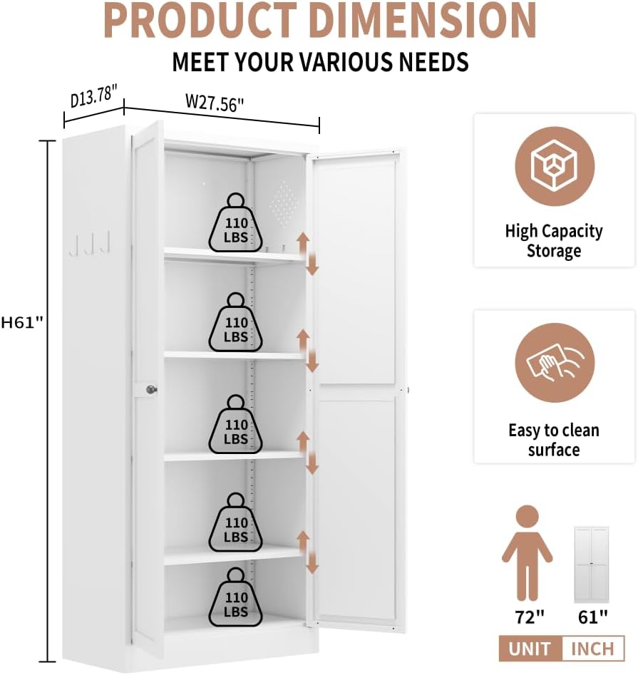 61-Inch White Metal Kitchen Pantry Cabinet with 4 Adjustable Heavy-Duty Shelv...