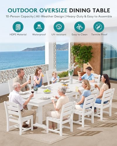 SERWALL 9Pcs 84" HDPE Outdoor Dining Set for 8 with Armless Chairs,White