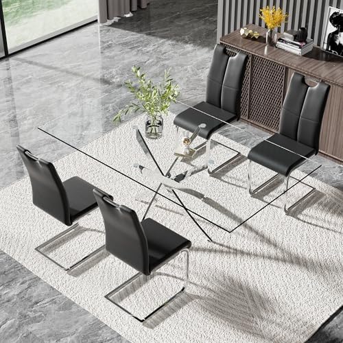 Modern 63 Inch Glass Dining Table Set for 4, 5 PCS Kitchen Table Set, Clear T...