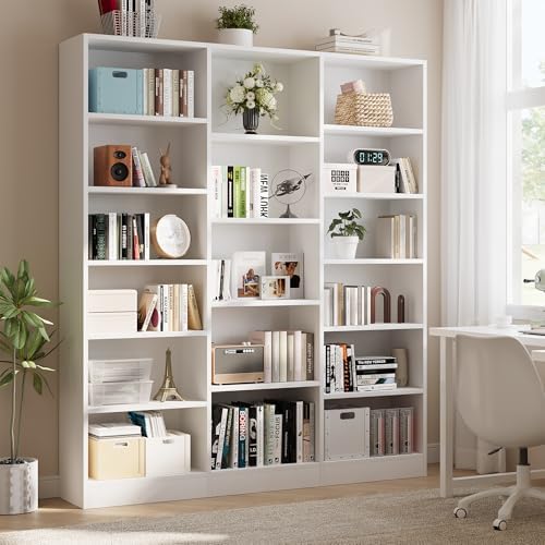 ELYKEN Triple Wide Bookshelf, Large 6 Tier Bookcase with 17 Shelves, White