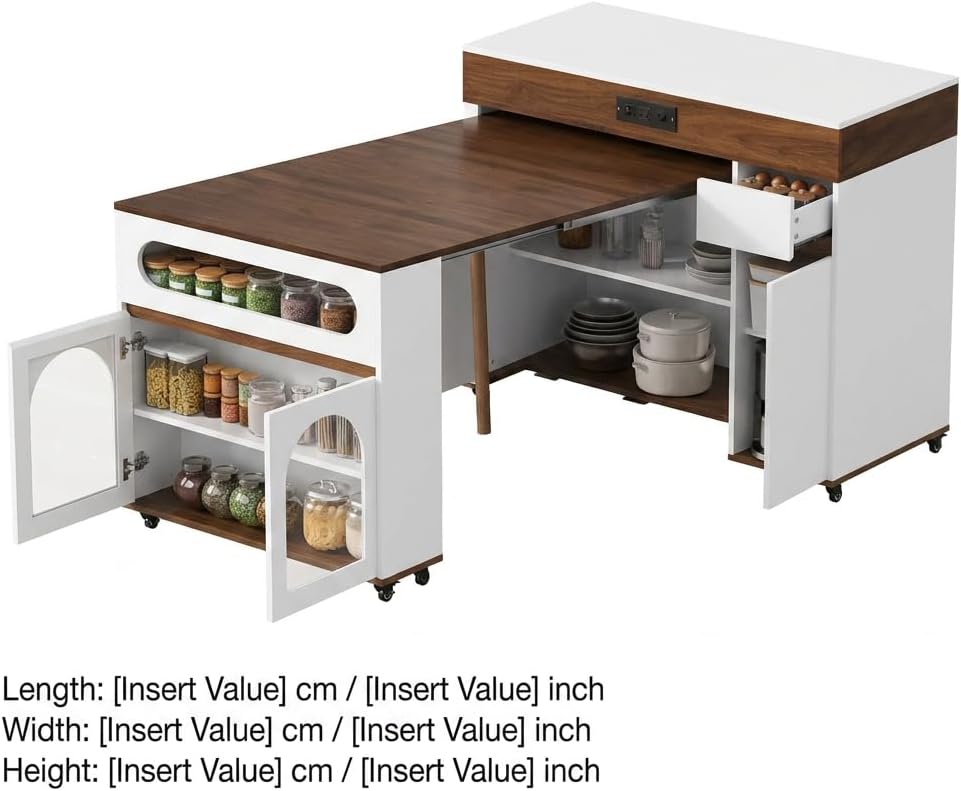 Kitchen Island with Extendable Dining Table, Rolling Storage Cabinet with She...