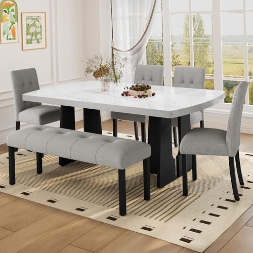 Merax 6 Piece Dining Table Set, 63" Faux Marble Dining Table with 4 Upho...