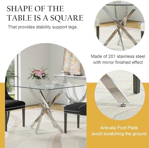 Square Glass Dining Table Set for 2, Modern 36" Glass Kitchen Table with...