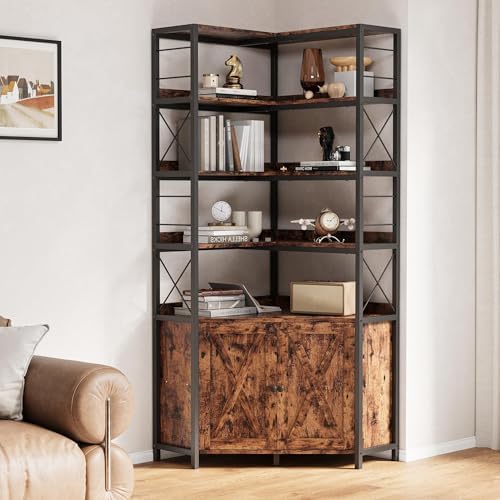 IRONCK Corner Bookshelf, 78 in L-Shaped Bookcase with Doors & Shelves