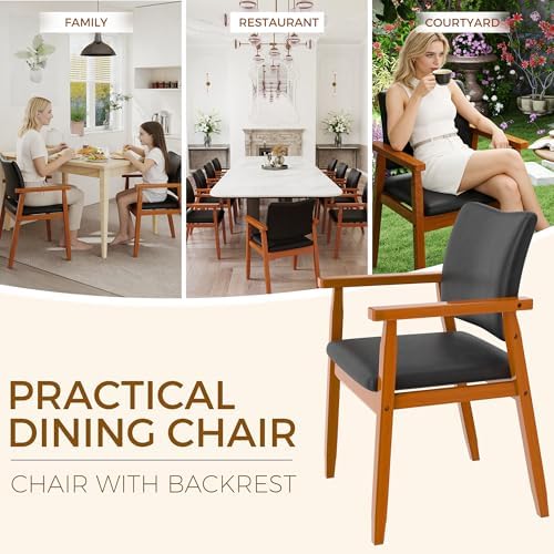 Dining Chairs with Arms Set of 4, Wood Frame Faux Leather Kitchen Chairs, Com...