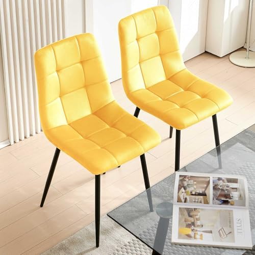 NORDICANA Yellow Velvet Dining Chairs Set of 4, Upholstered Tufted Kitchen Ch...