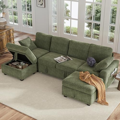 Hanherry 104" Sectional Sofa with Pull Out Couch Bed,Corduroy 4 Seater S...