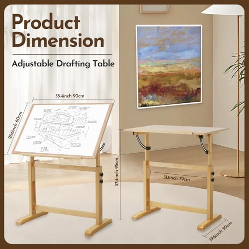 conda Wood Drafting Table - Adjustable Height, 35.5"x23.5" Plan Tab...