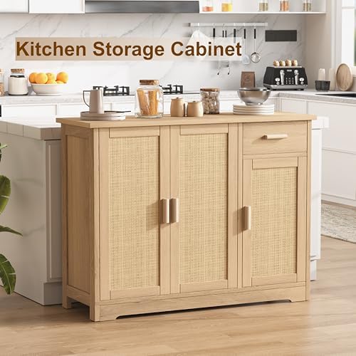Keehusux Rattan Storage Cabinet with 3 Doors and Drawer, Natural Oak