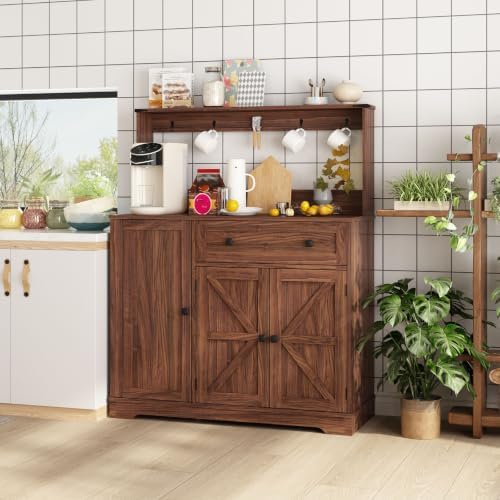 Wnutrees Farmhouse Coffee Bar Cabinet with Drawer, Kitchen Hutch Sideboard