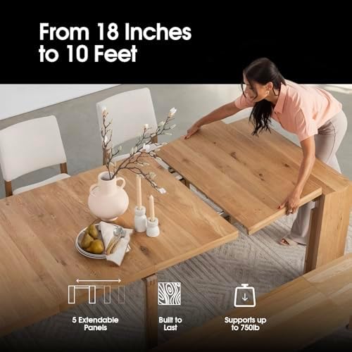 Transformer Table Solid Wood Extendable Dining Table, Natural | Seats 2-12, E...