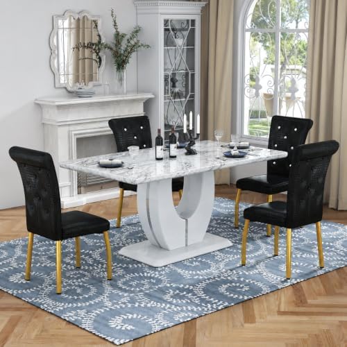 5 Piece Faux Marble Dining Table Set for 4, 63" Rectangular Kitchen Tabl...