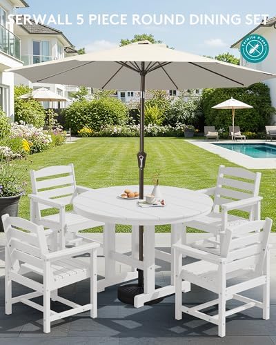 SERWALL 5-Piece Patio Dining Set, 45" Round Table, 4 Chairs, White