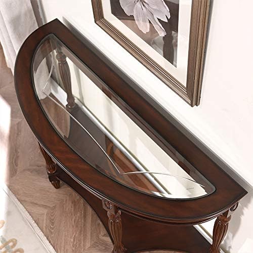 PADMA HOUSE 2-Tier Traditional Wood Semi-Circle Sofa Table with Glass Top | C...