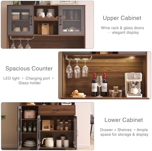Fatmok 71" Tall Pantry Cabinet with Glass Doors, Kitchen Hutch Storage C...