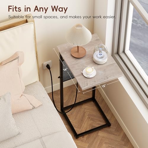 VAGUSICC C Shaped End Table with Charging Station, Adjustable Height Side Tab...
