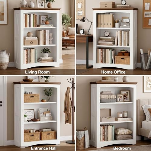 IRONCK 43" Tall 3-Tier Bookshelf, Farmhouse Bookcase White